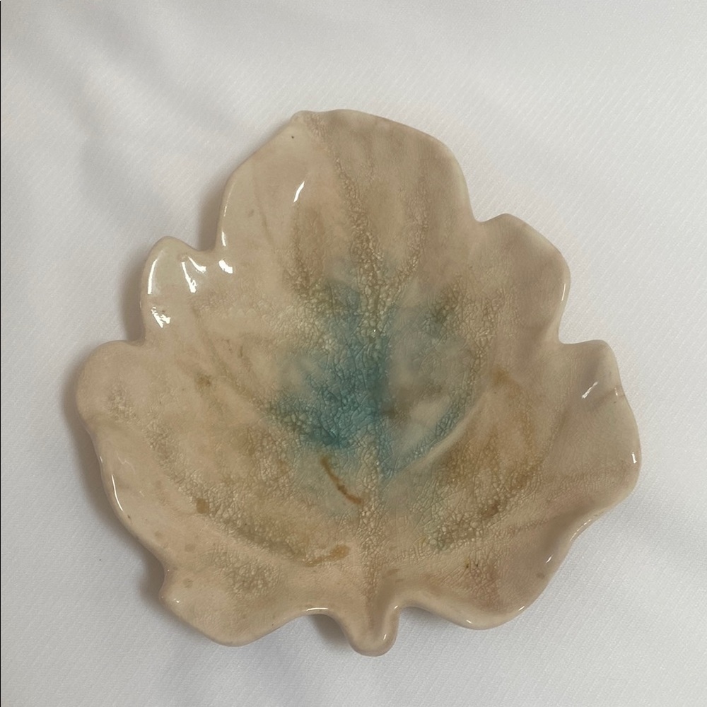 Vietnam Handmade Ceramic Geode Pottery Trinket Dish Crackled Leaf Taupe Aqua Grn